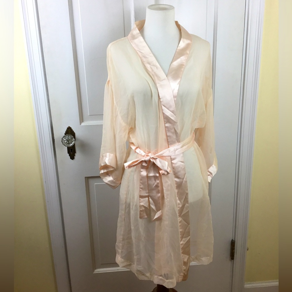 Vintage Dentelle Sheer Pink Kimono Dressing Robe with Sash Sz M